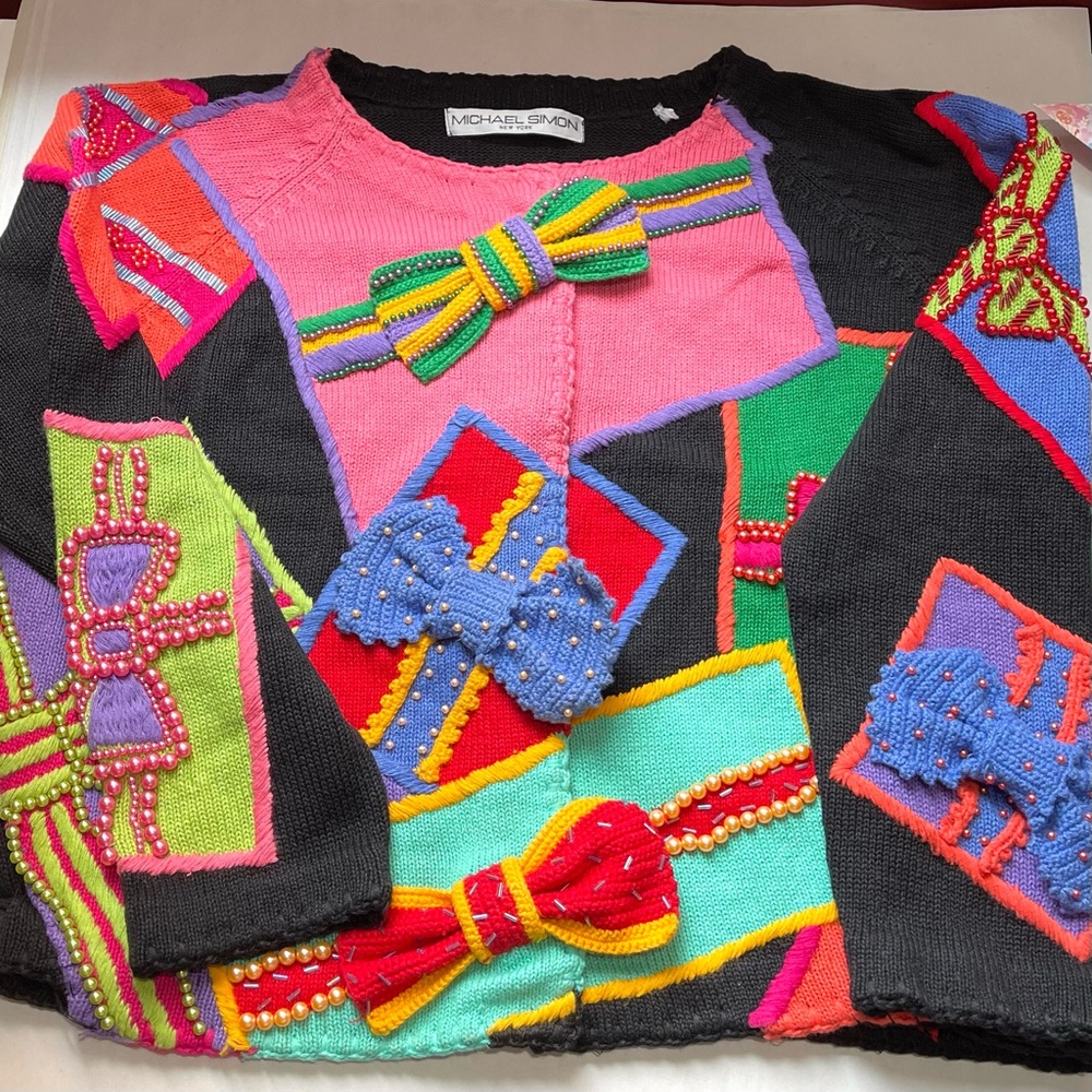 Vintage Michael Simon Holiday Gifts Bows Collectible Ugly Christmas Sweater 1996